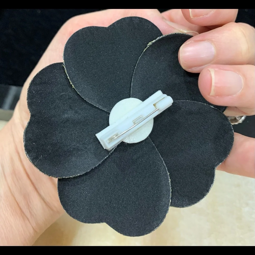 CHANEL Black Camellia Flower Brooch with Gold & Blue Stitching